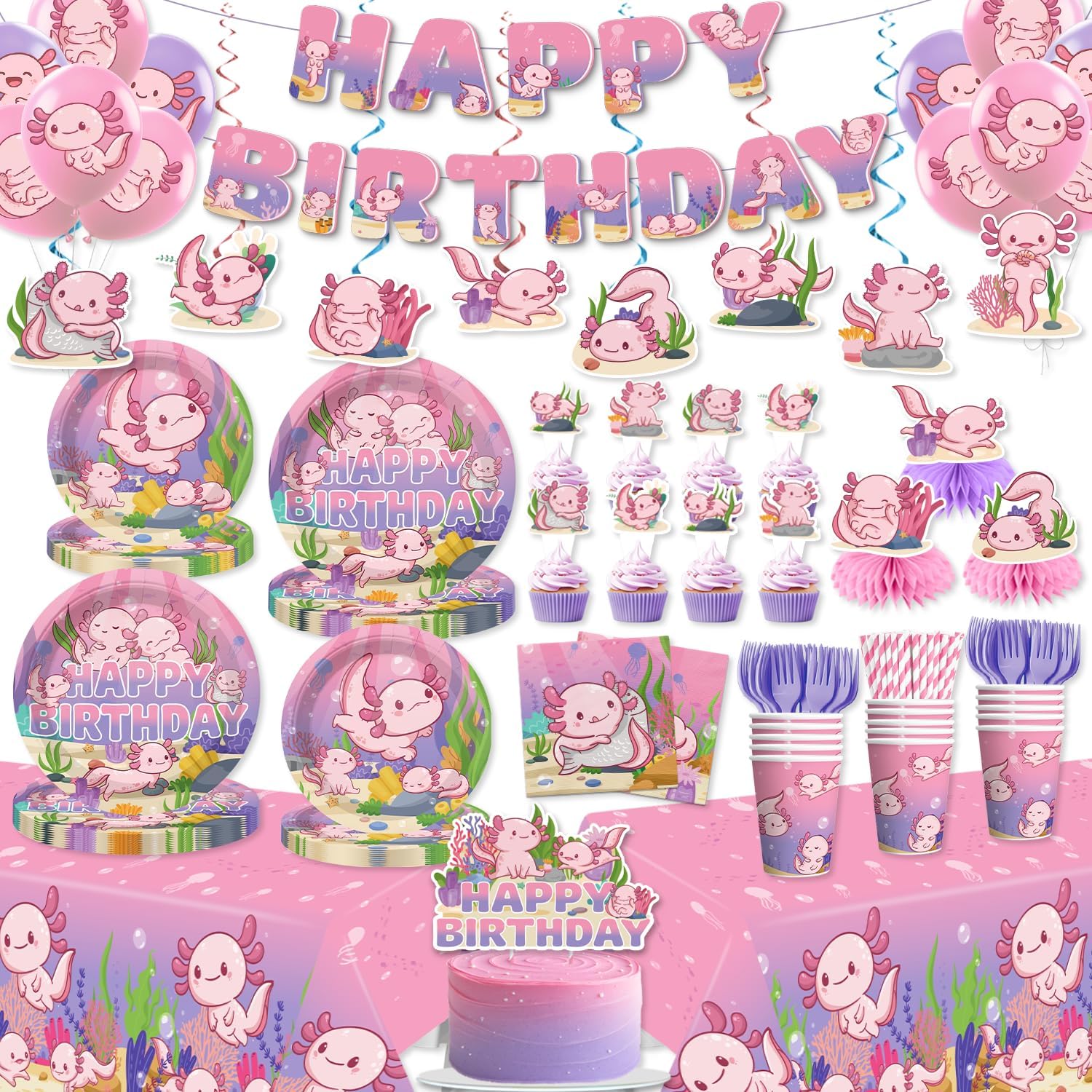 Xynic axolotl party decoration set front view with full 171-piece collection