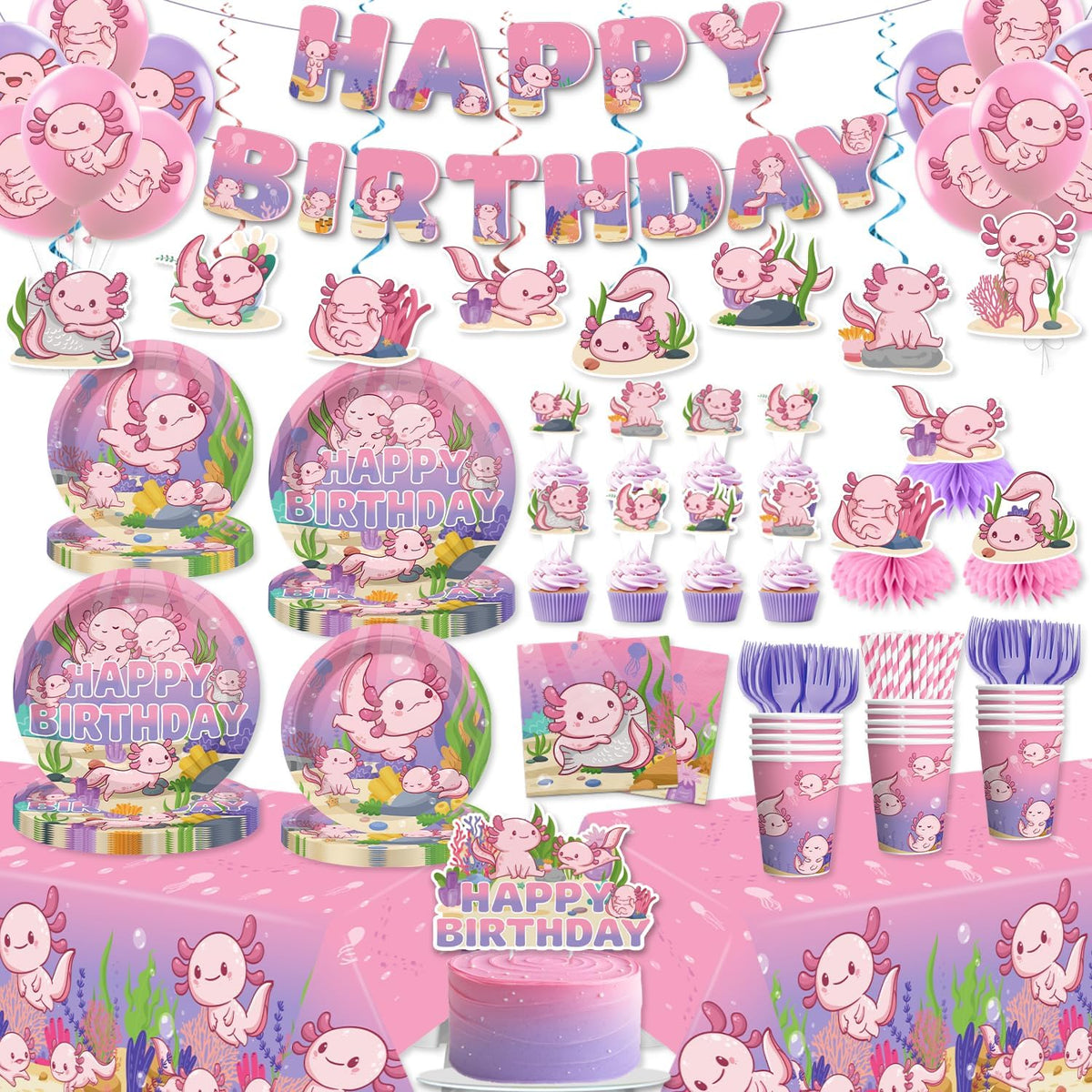 Xynic axolotl party decoration set front view with full 171-piece collection