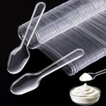 GDZRDFLH disposable mini tasting spoons clear five hundred fifty count pack front view on table