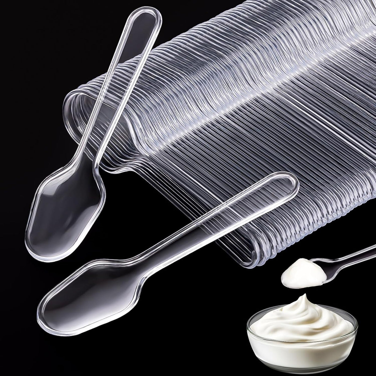 GDZRDFLH disposable mini tasting spoons clear five hundred fifty count pack front view on table