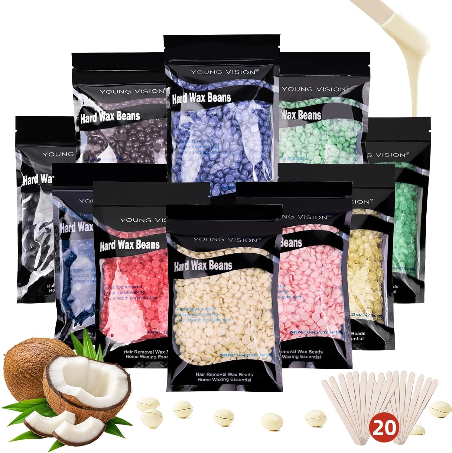 YOUNG VISION Hard Wax Beads front view packaging showcasing multi color variety packs