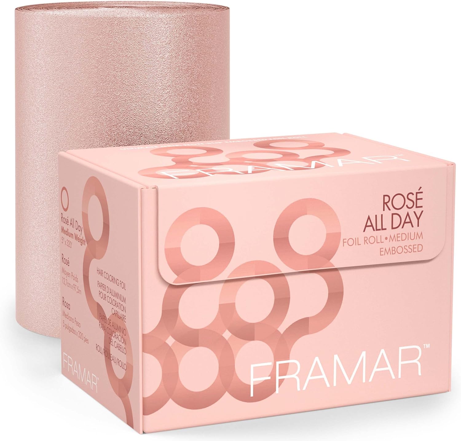 Framar Rosé All Day embossed hair foil roll dispenser box