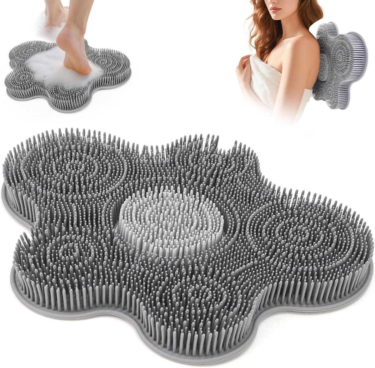Mabnuby silicone shower foot scrubber mat front view in grey color featuring soft exfoliating bristles.