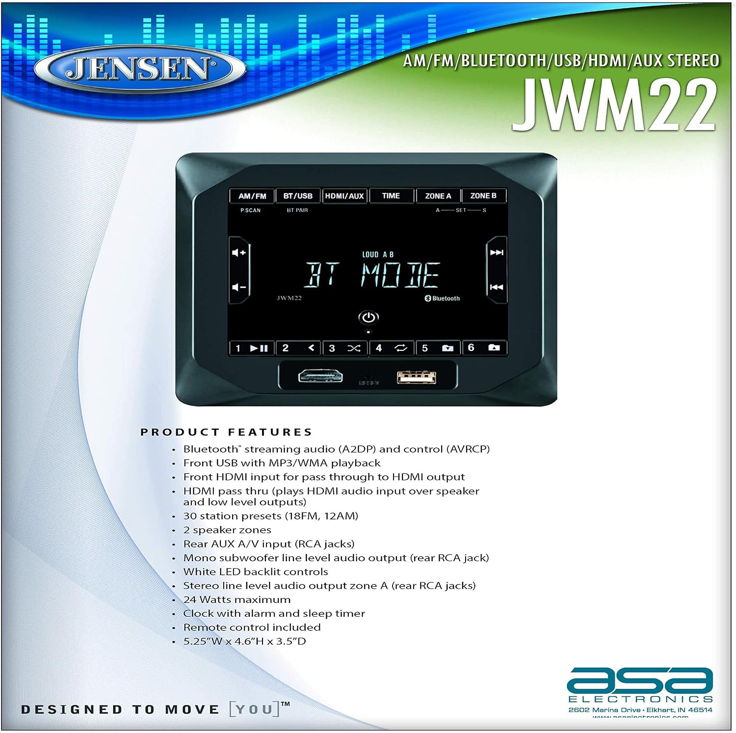 Jensen JWM22 wall mount stereo front view displaying controls and display screen