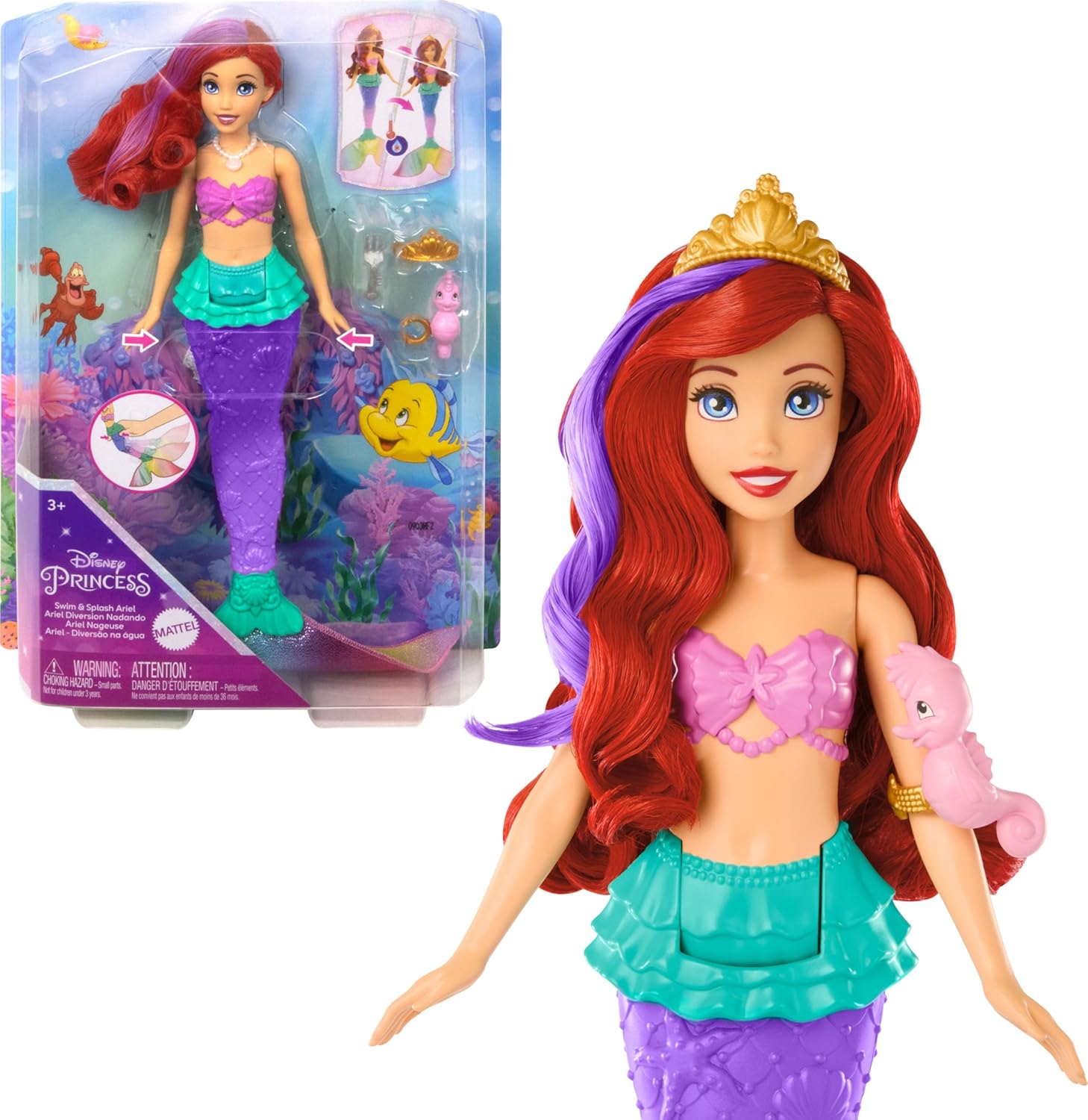 Mattel Disney Princess Ariel Swimming Mermaid Doll front view showcasing color change hair and tail