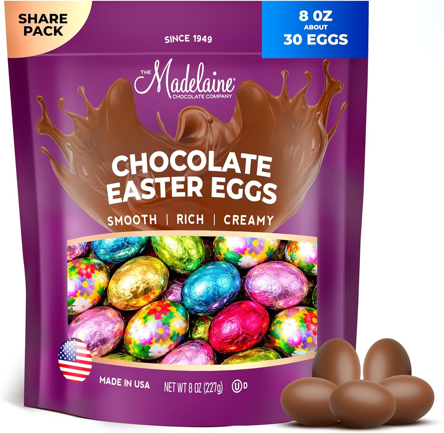 The Madelaine Chocolate Company premium milk chocolate Easter eggs front packaging view displaying colorful foiled mini candies.