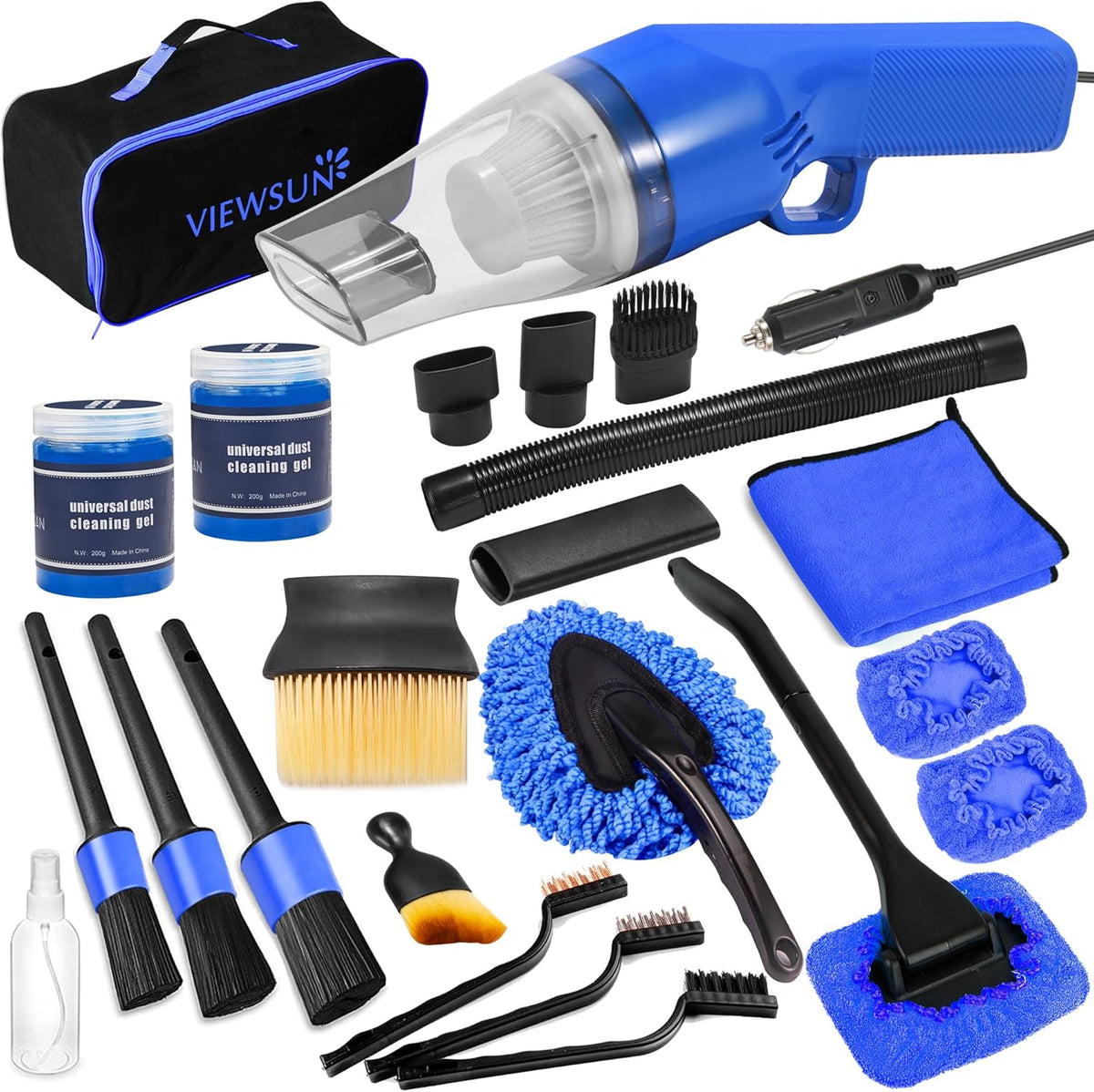 Viewsun 18Piece Car Cleaning Kit front view featuring the blue handheld vacuum and storage bag.