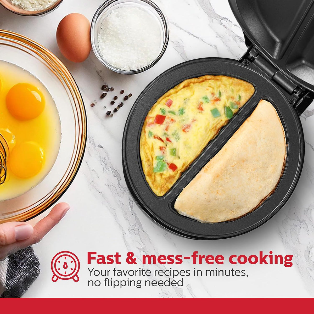 Holstein Housewares Stainless Steel 2 Section Omelet & Frittata Maker, Non Stick Coating, Easy To Clean, Indicator Lights, Compact Storage, Prepare Versatile Recipes in Minutes. 2 Portions, Black - Image 2