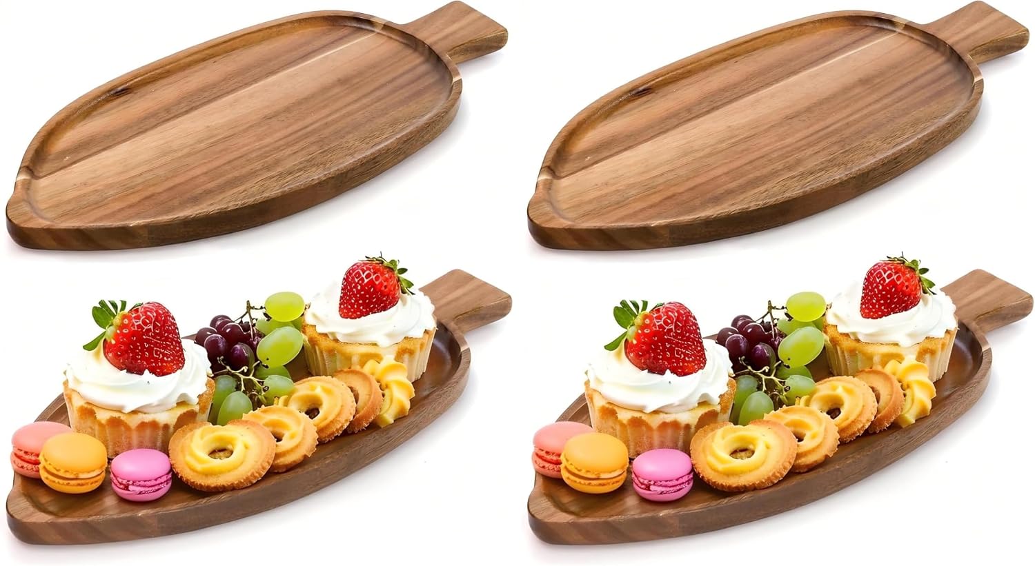 Youeon leaf shaped acacia wood serving trays front view showing natural wood grain