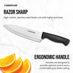 Farberware 6-inch chef knife slicing fresh vegetables on wooden cutting board