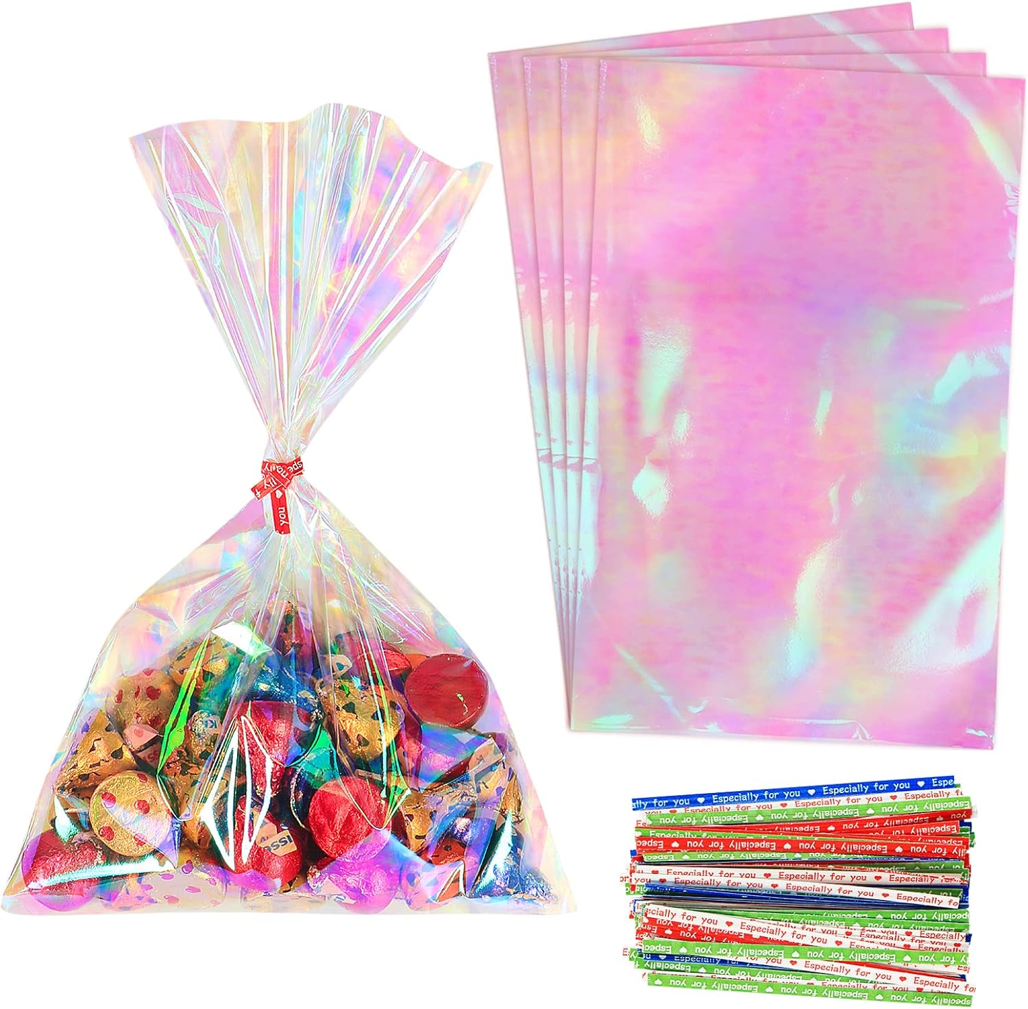 HRX Package iridescent cellophane treat bags 120 count pack front view showing holographic rainbow shimmer effect