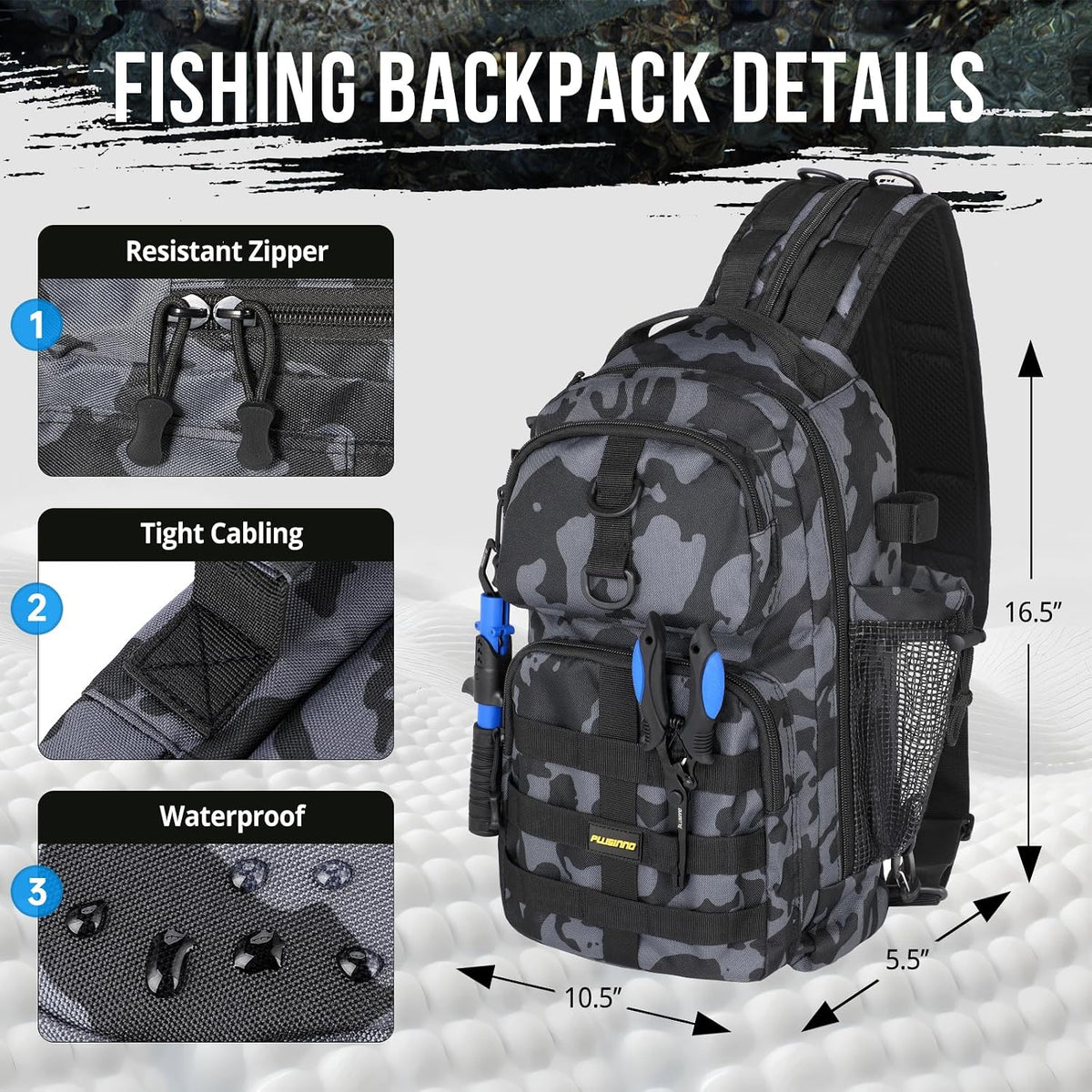 PLUSINNO fishing backpack showing built-in rod holder