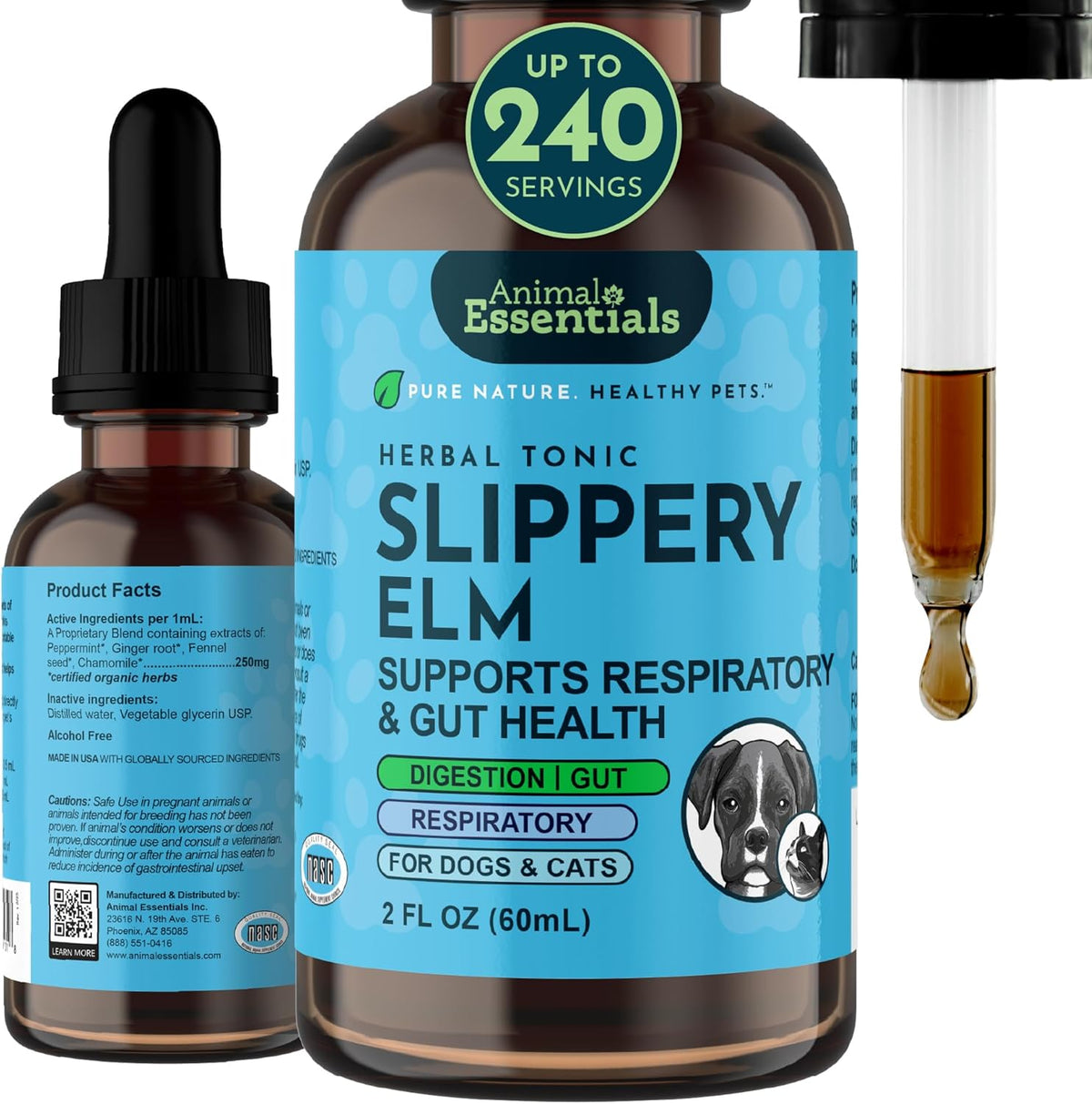 Animal Essentials Slippery Elm Bark Drops front view for dog and cat diarrhea relief