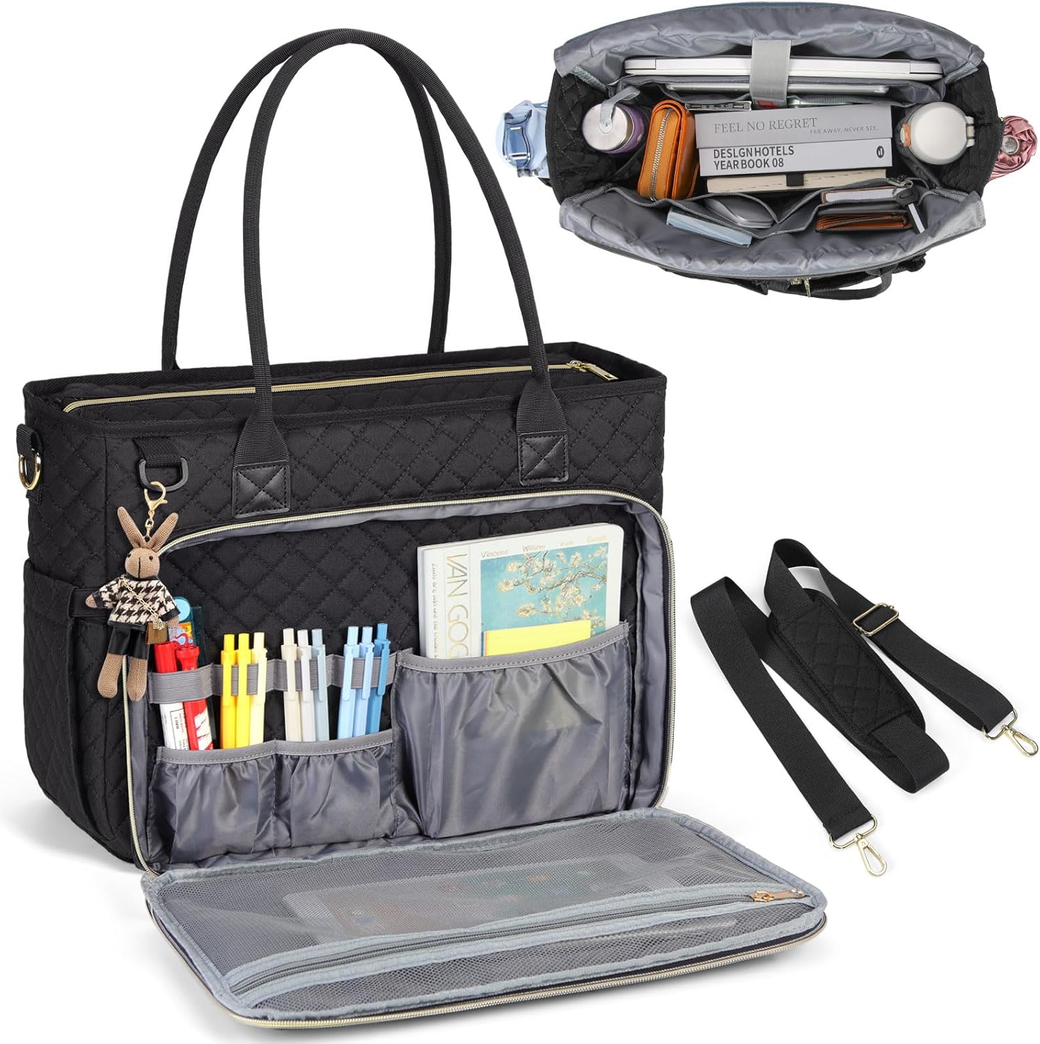 RAINSMORE Teacher Tote Bag front view showing professional black exterior design.