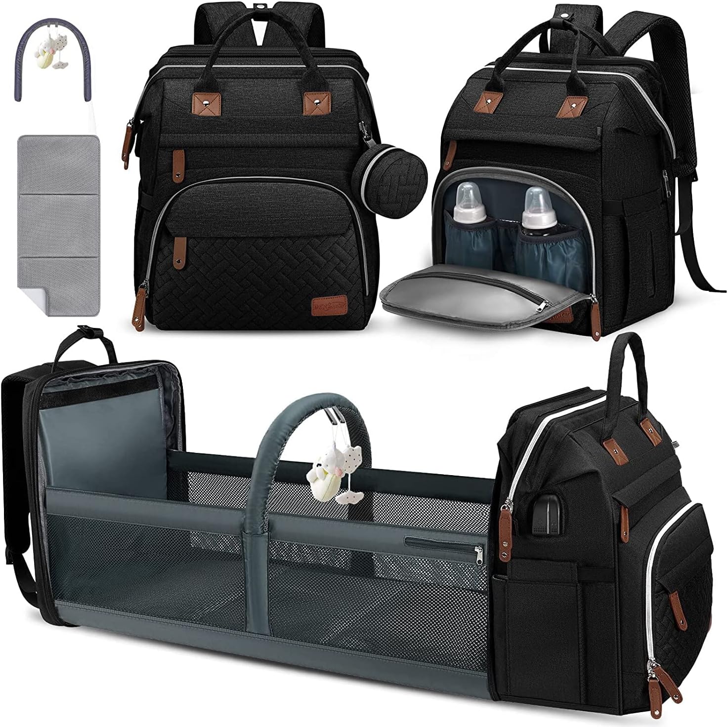 DERJUNSTAR diaper bag backpack in black showing full front view with packed compartments
