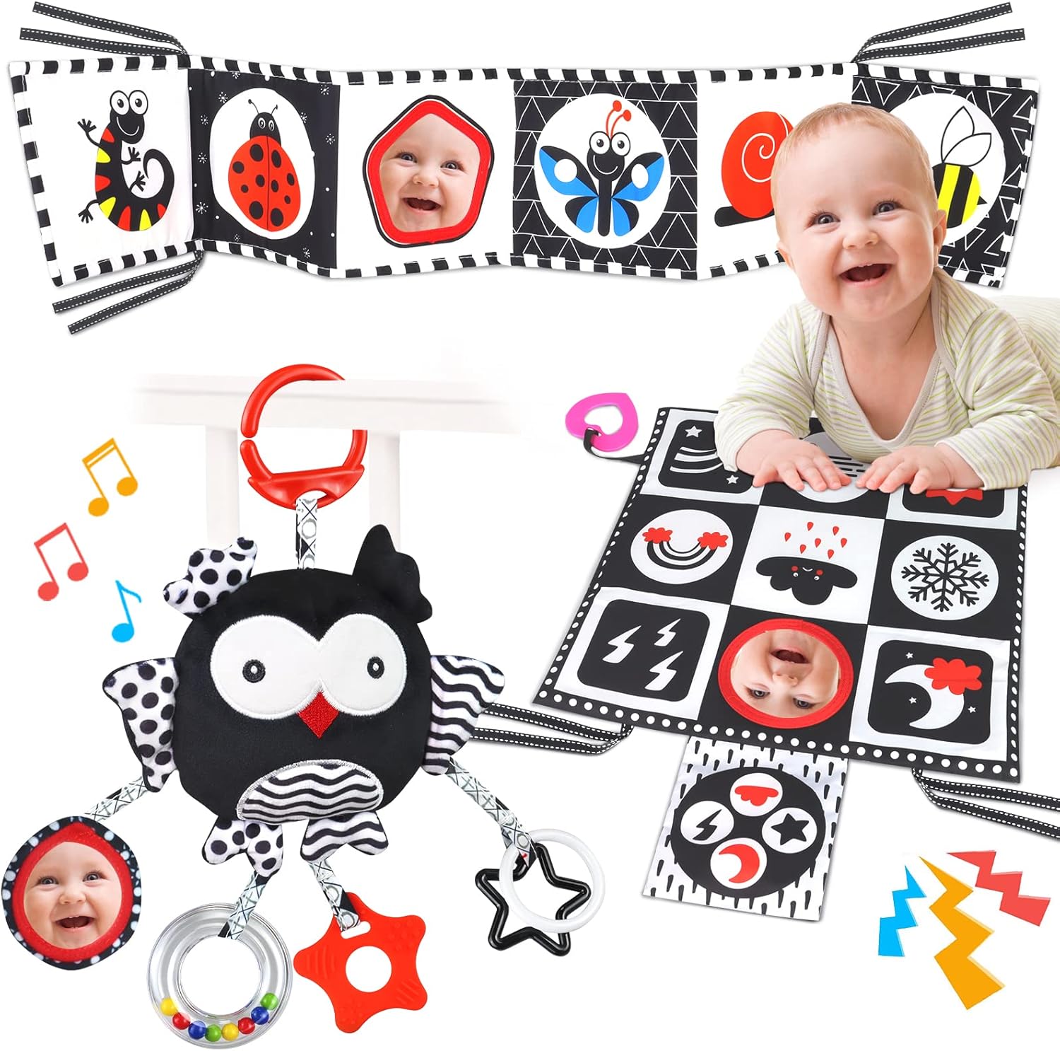 KUANGO black and white high contrast baby toys front view layout with sensory book