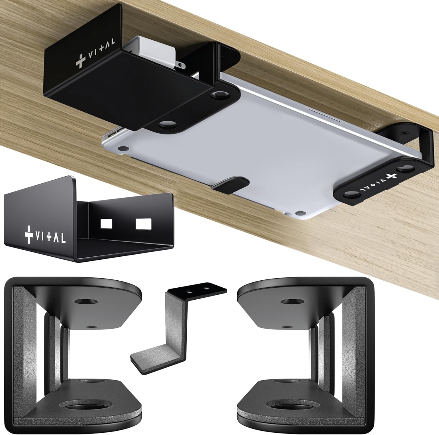 VI+AL under desk laptop mount front view matte black finish