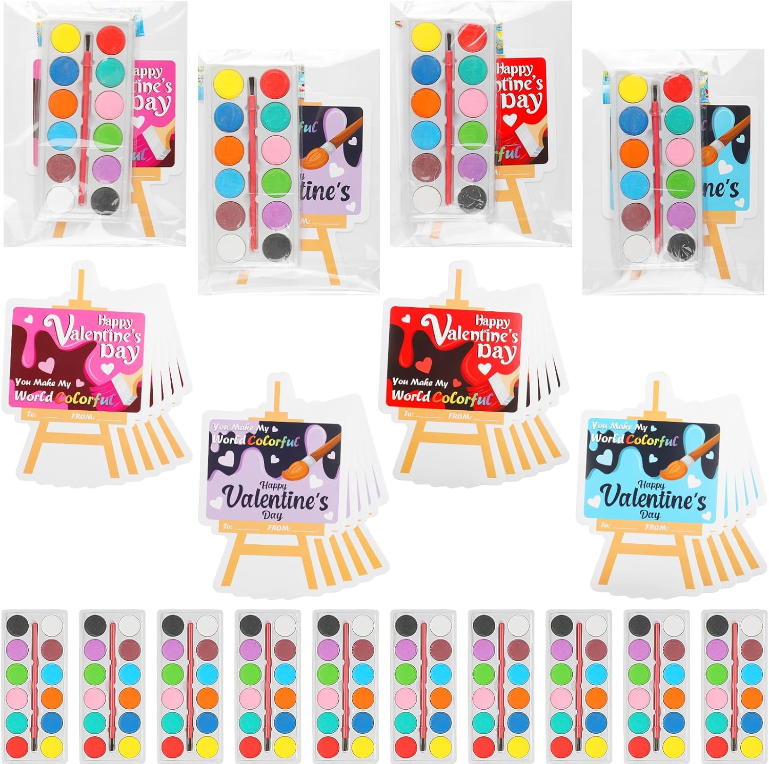 CCINEE kids watercolor paint Valentine cards bulk exchange pack front view