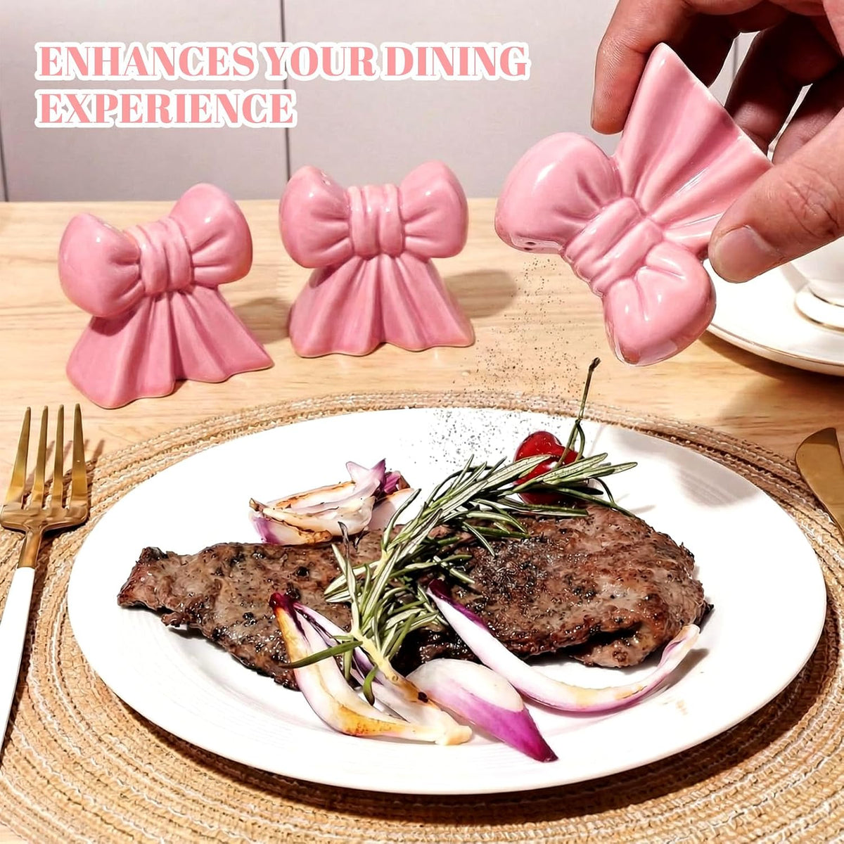 LemonRoad pink bow salt and pepper shakers bottom rubber stopper view