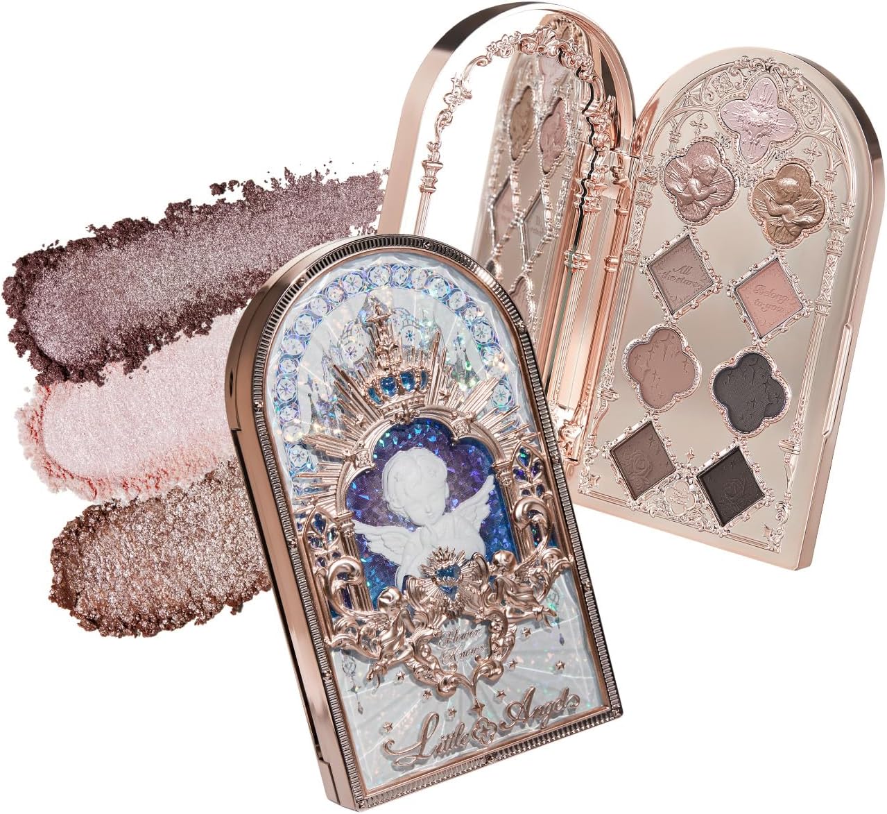 Flower Knows Little Angel 9-Color Eyeshadow Palette front view showing ornate rose-gold Gothic cathedral design