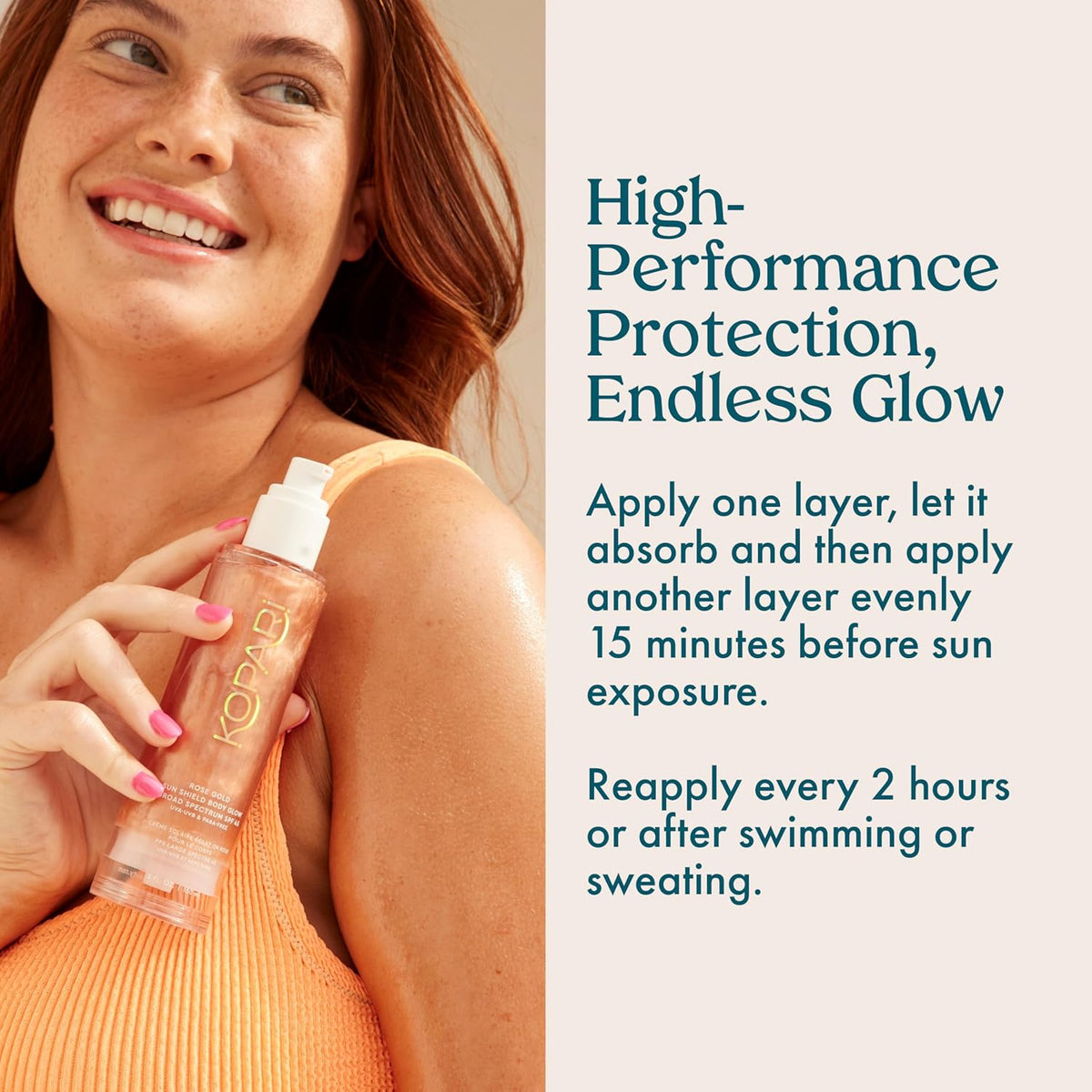 Kopari broad spectrum SPF 45 Rose Gold body gel application