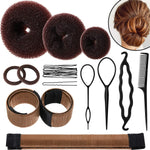 WILLBOND Hair Bun Shaper Set front view showing three brown mesh donuts and two snap bun makers