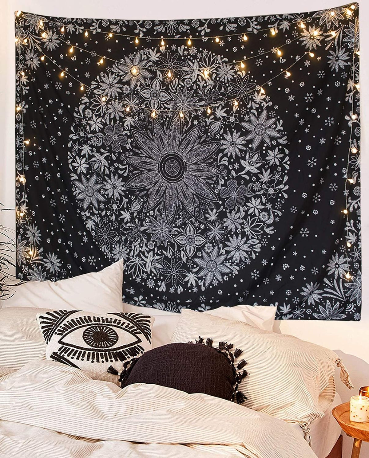 Neasow daisy medallion print tapestry styled in bedroom