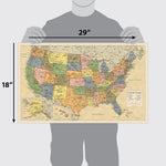 United States map wall chart showing state capitals and borders