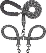 iYoShop dual dog leash black front view showcasing the padded foam handle and heavy duty climbing rope.