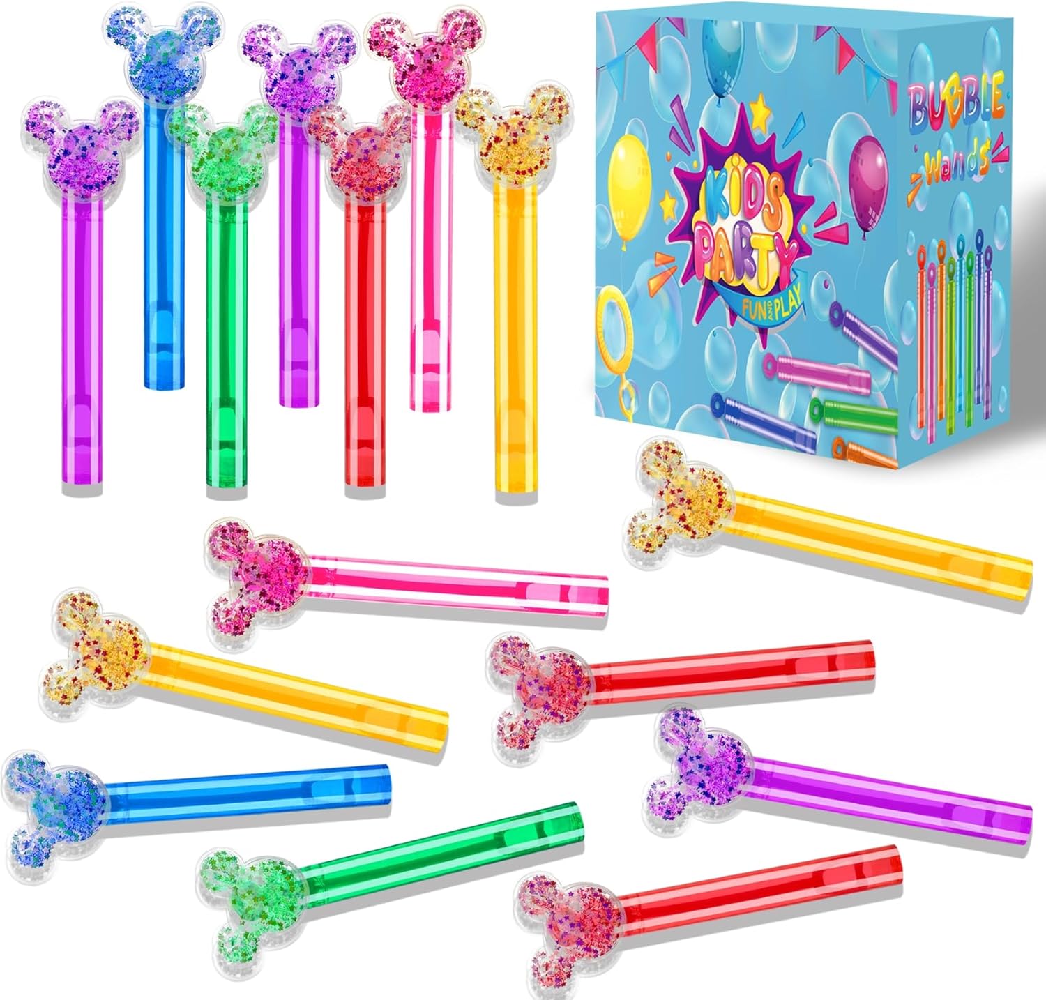 Generic 24 piece glitter mouse bubble wands set front view