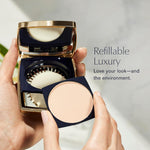 Waterproof and sweat resistant Estee Lauder face powder compact highlighting the gold trim design