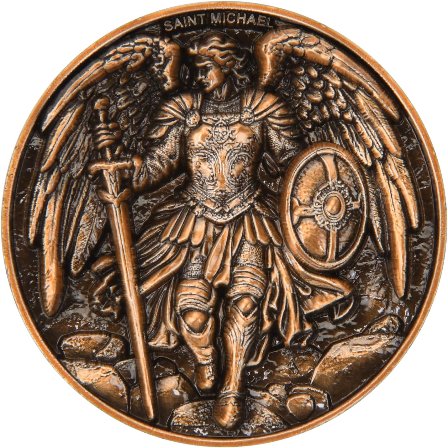 Leabet Saint Michael Archangel Protection Coin front view showing detailed armor artwork