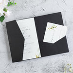 FEIYI black tri-fold laser cut wedding invitation pockets front view showing intricate floral detailing