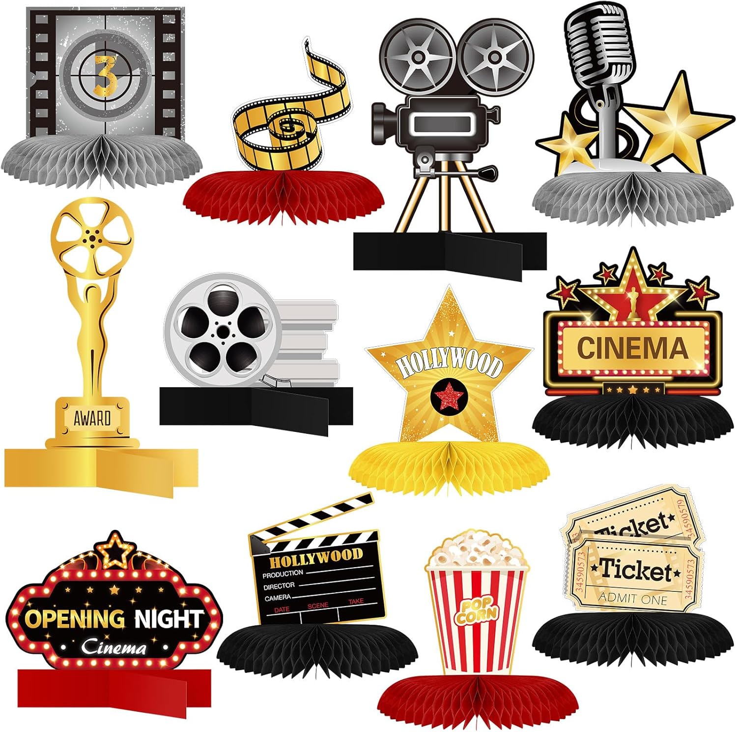 Chinco 12 pieces movie night honeycomb decorations front view