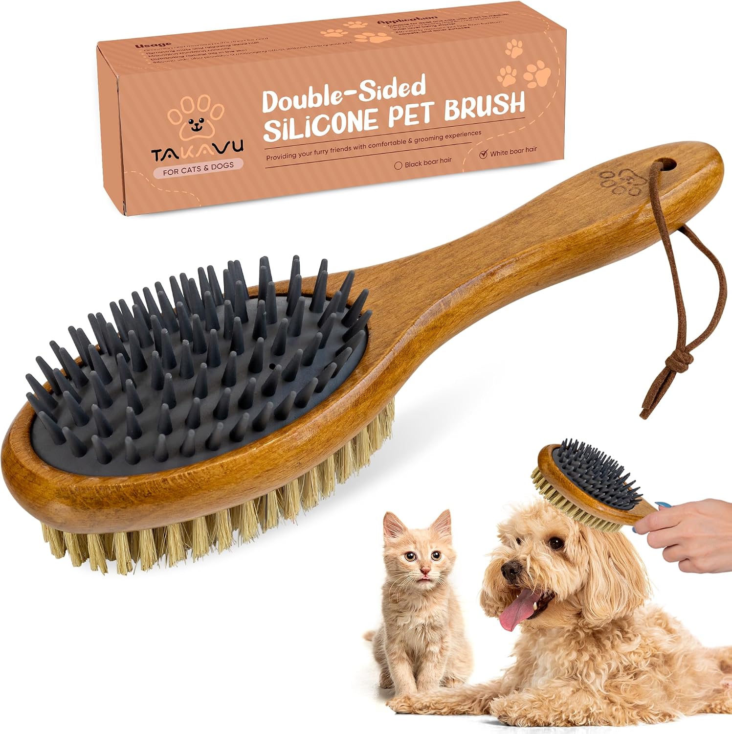 TAKAVU short hair pet deshedding brush front view showcasing the wooden handle design