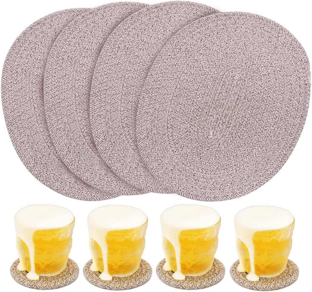 4 Pack Oval Jute Woven Placemats and Set of 4 Round Fabric Coasters, Cotton Braided Placemats Set, Dining Table Mat, Heat-Resistant Pot Holders, Washable Place Mats - Image 15