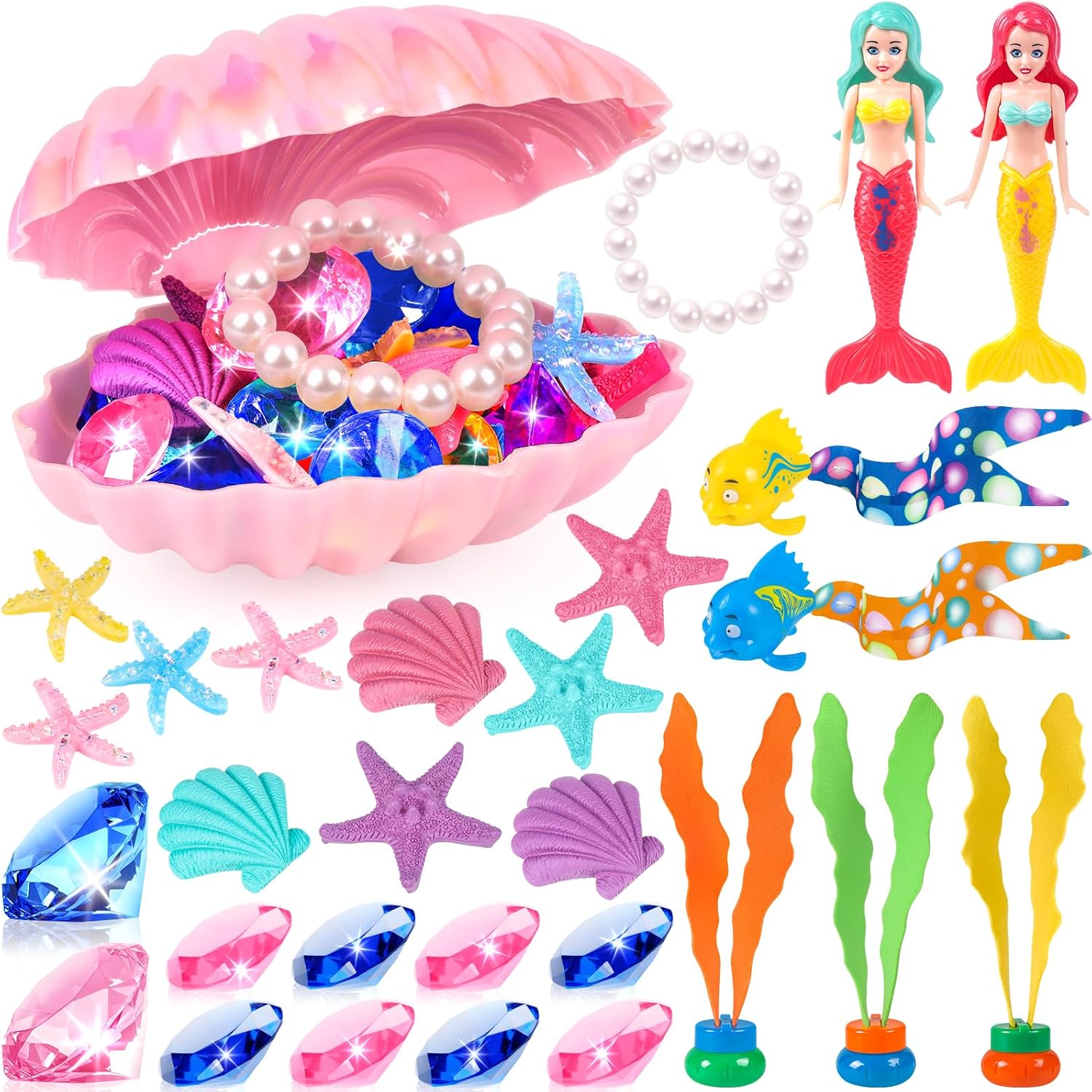 HUUIDY mermaid diving pool toys 31 pieces set front view containing pink shell treasure chest and colorful sinking gems