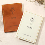 Engrowtic wedding vow books set of 2 front view showing brown and beige fabric covers with gold foil lettering.