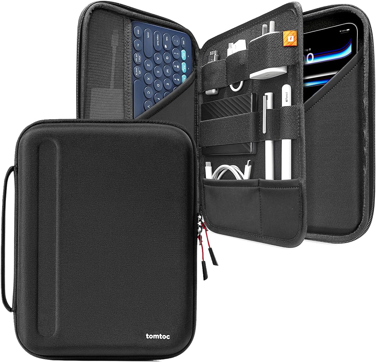 Tomtoc portfolio case front view showcasing the durable black hardshell exterior and ergonomic carrying handle.