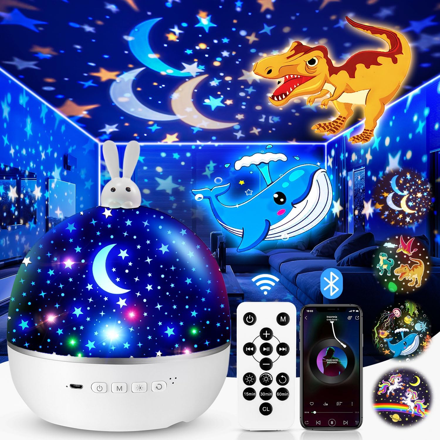 One Fire Dinosaur Night Light Projector front view with galaxy theme