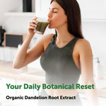 Fresh dandelion root tea brewed in a glass mug with herbal powder