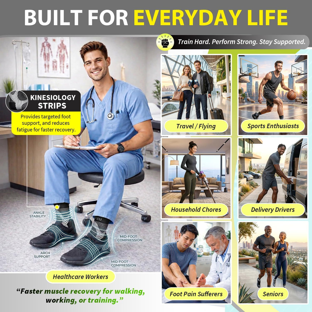 Unisex black foot sleeves displayed on a model during running