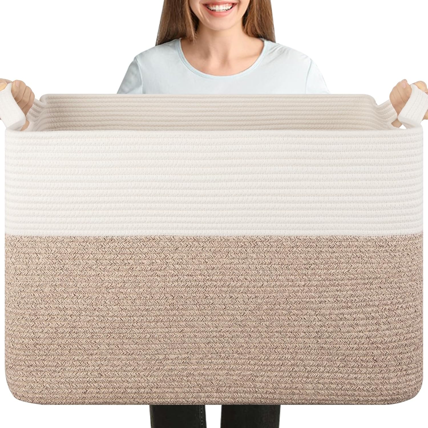 OIASKET XXXL cotton rope blanket basket front view in brown and white finish.