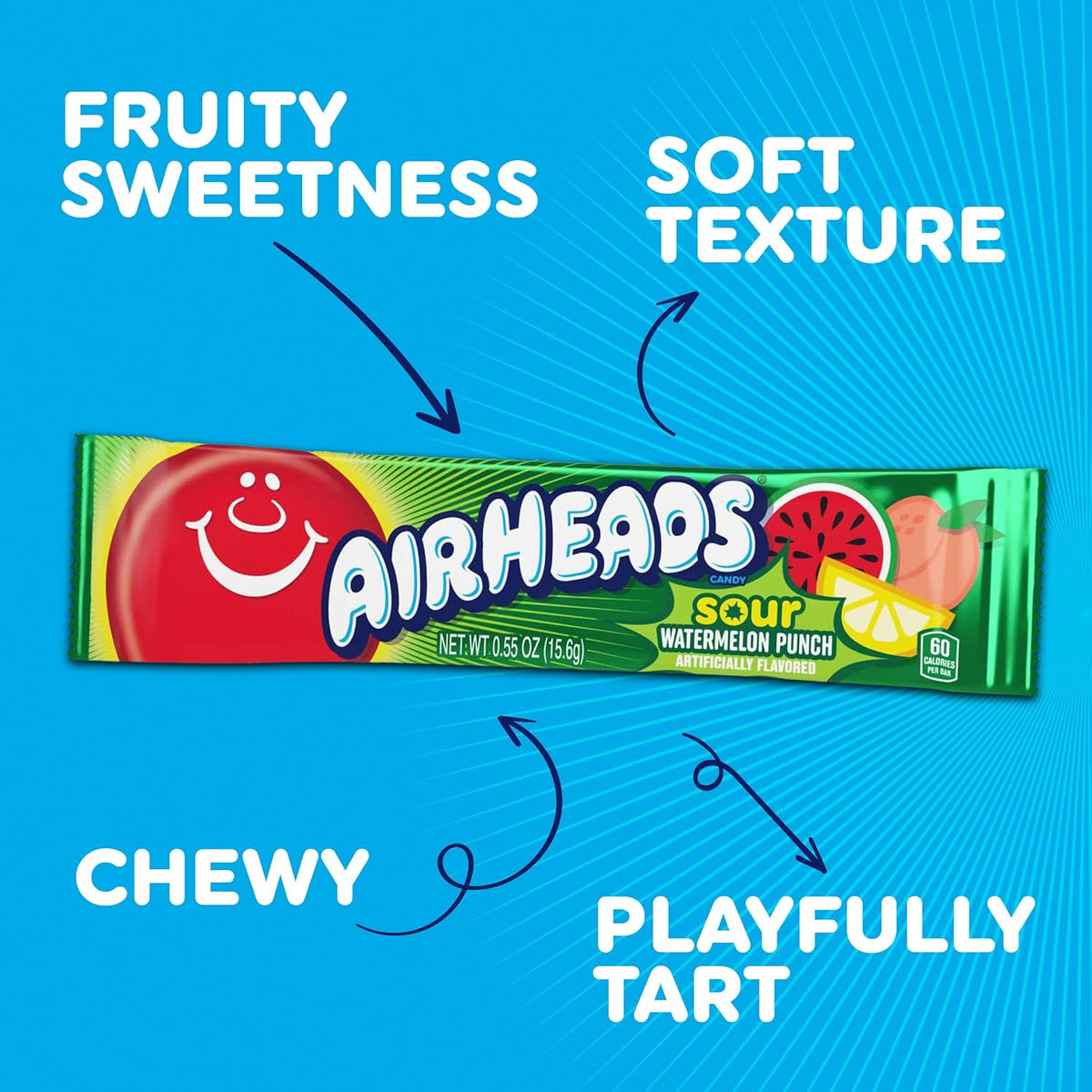 Airheads gluten free sour watermelon punch flavor bar close up texture details