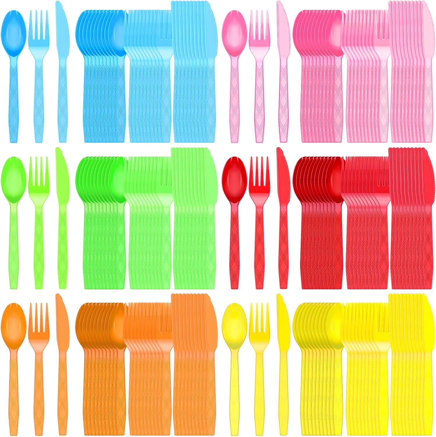 Hoolerry Neon Party Plastic Silverware Set front view showing 6 rainbow colors.