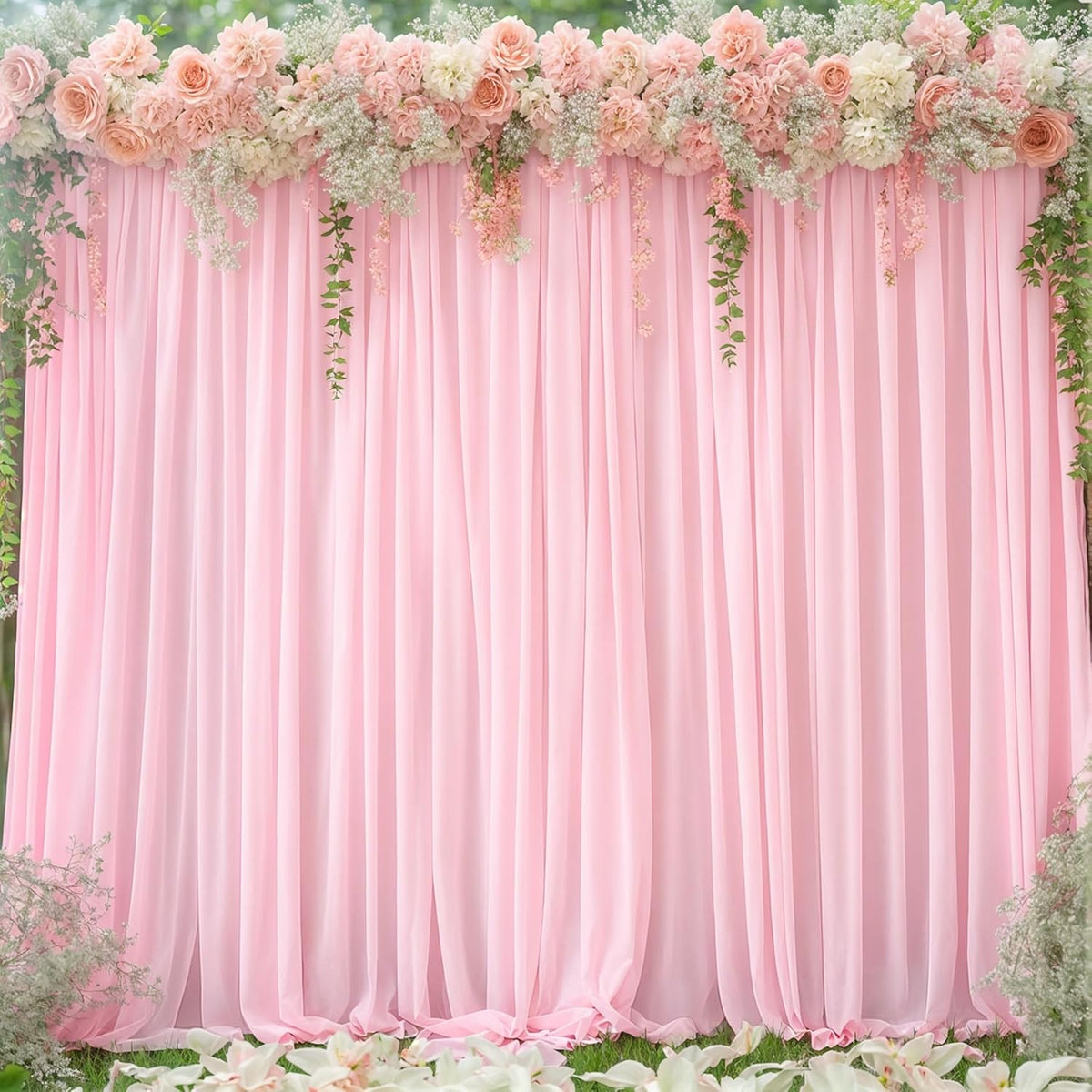 Partisky baby pink backdrop curtains front view for wedding stage setup