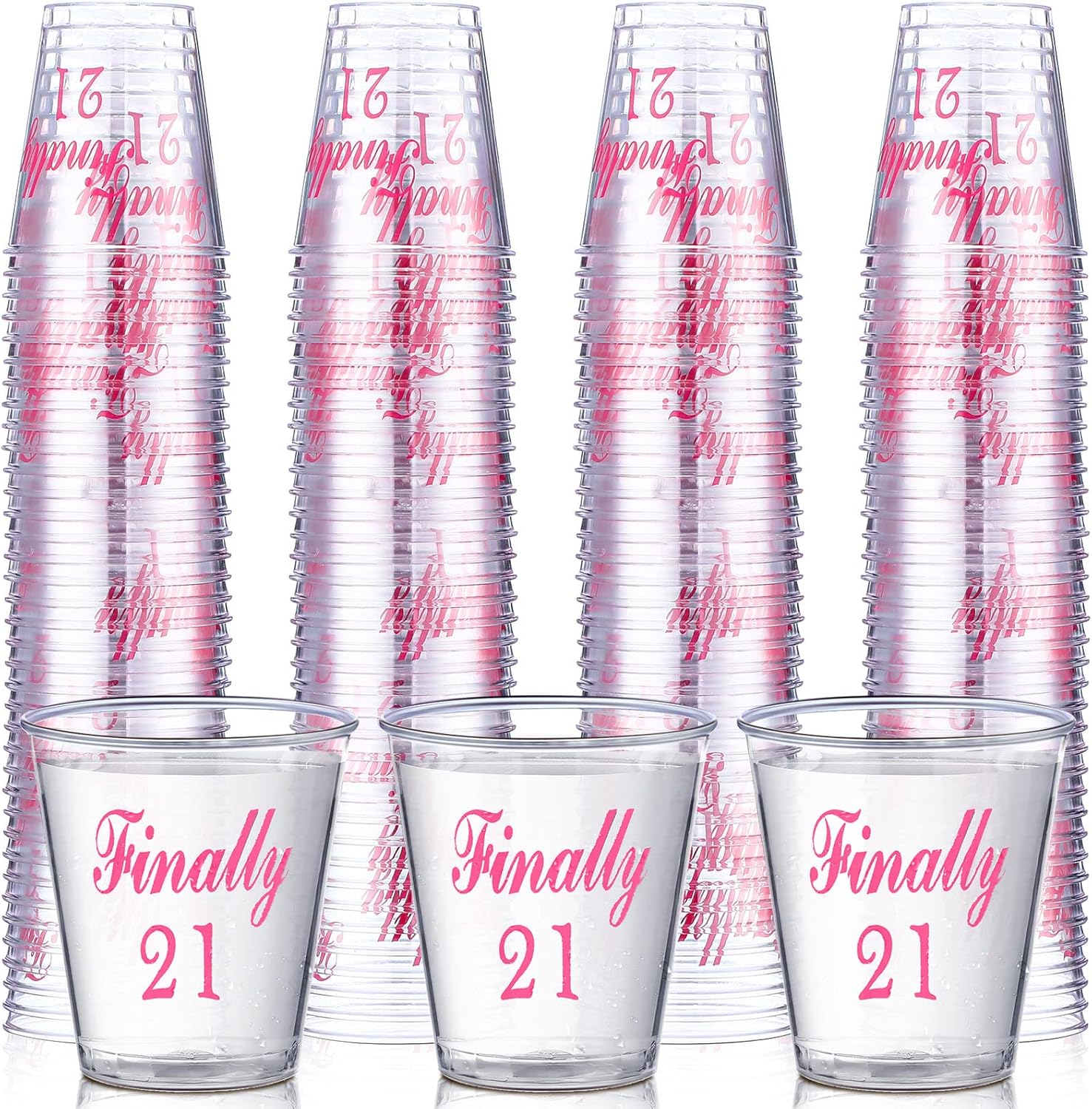 Nuogo 100 piece finally 21 plastic shot glasses front view for birthday parties