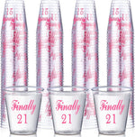 Nuogo 100 piece finally 21 plastic shot glasses front view for birthday parties