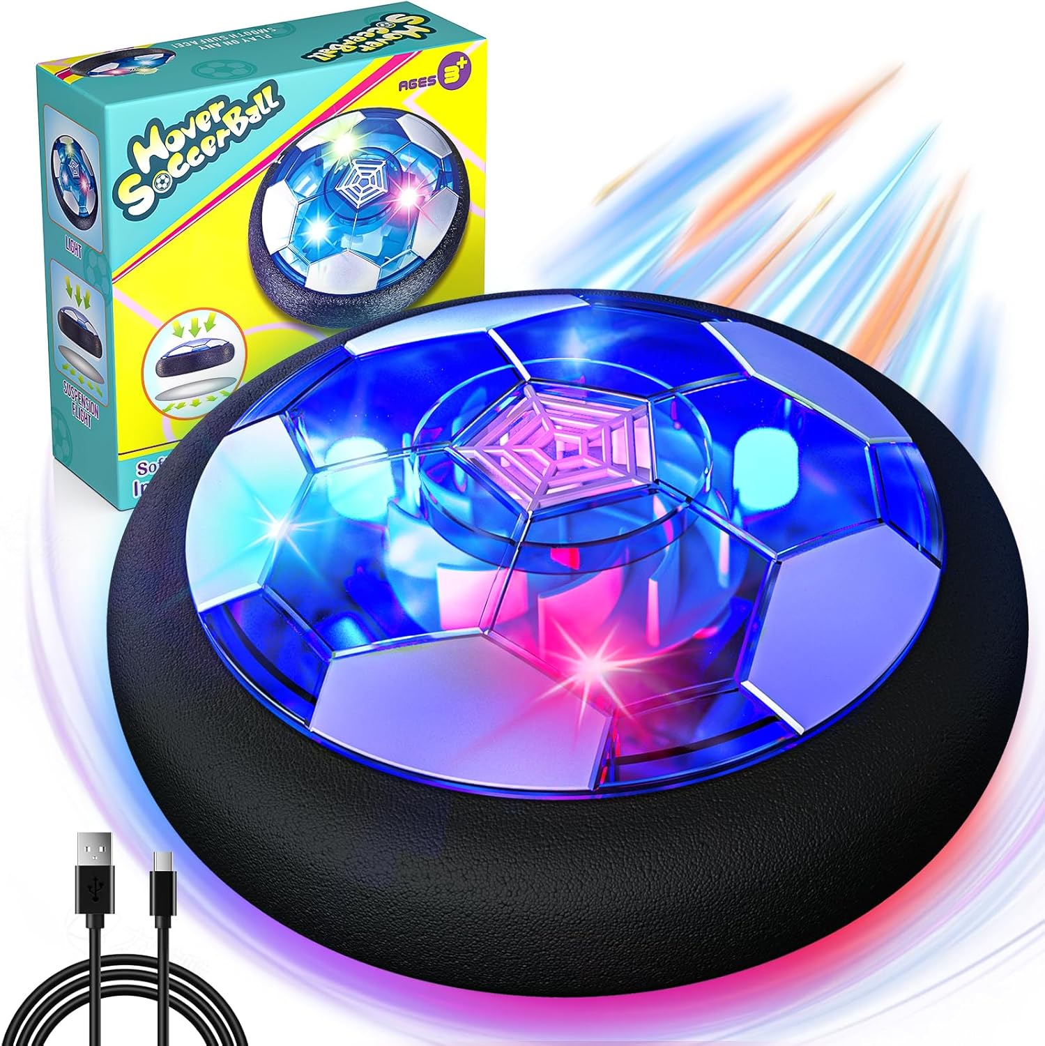 Freecat Rechargeable Hover Soccer Ball front view glowing with colorful LED lights on a wooden floor.