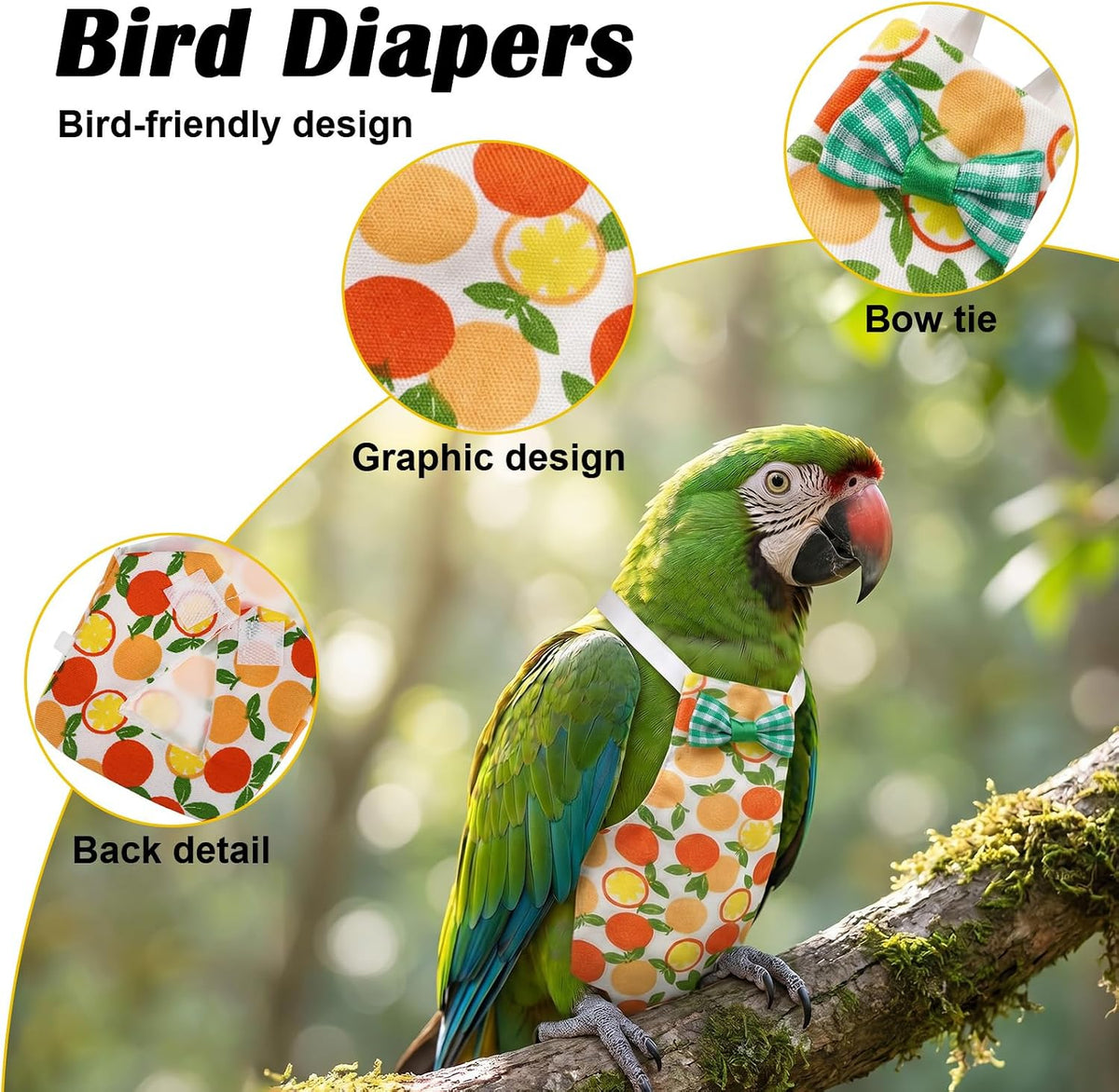 Two pieces of washable bird clothes with attached training leash loops